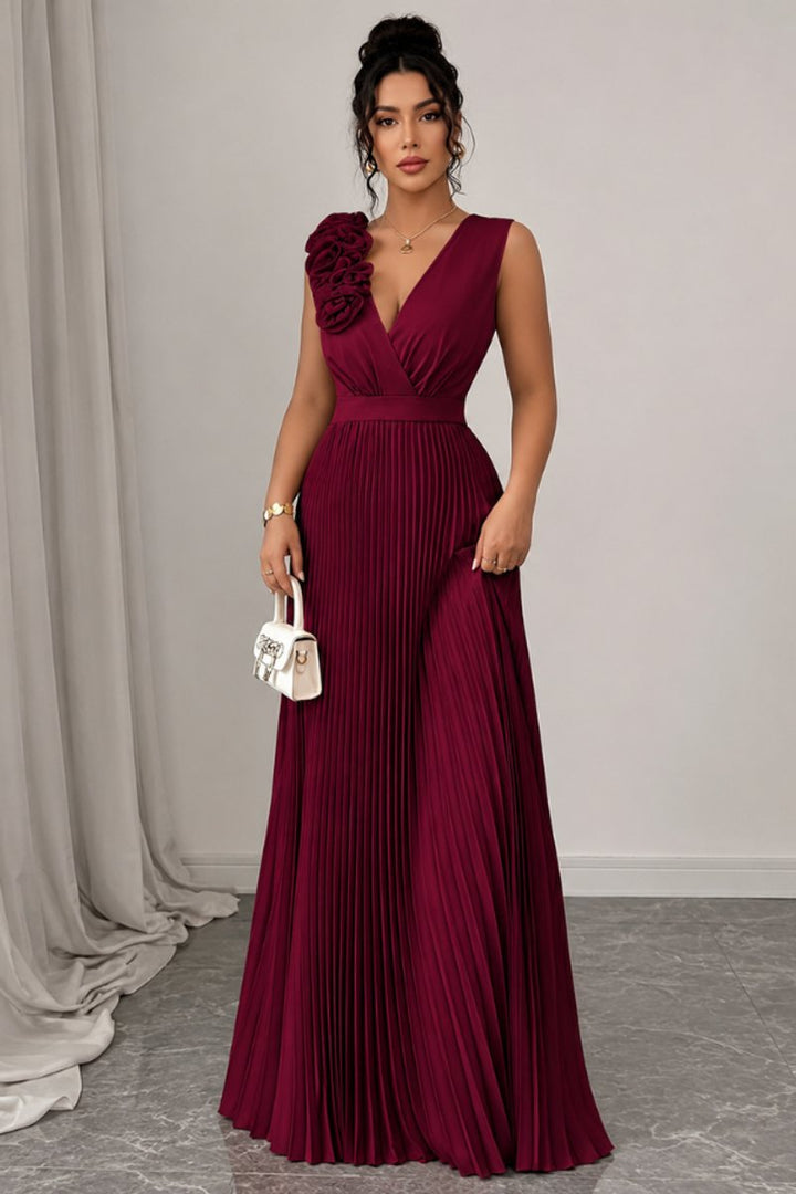 Women's Sleeveless Pleated Floral-Applique A-Line Evening Gown - Deep Red