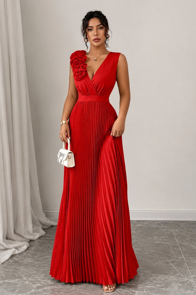 Women's Sleeveless Pleated Floral-Applique A-Line Evening Gown - Red