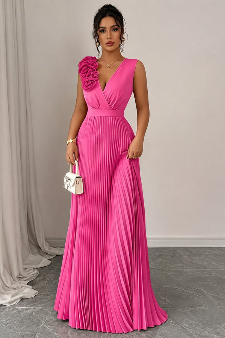 Women's Sleeveless Pleated Floral-Applique A-Line Evening Gown - Rose Red