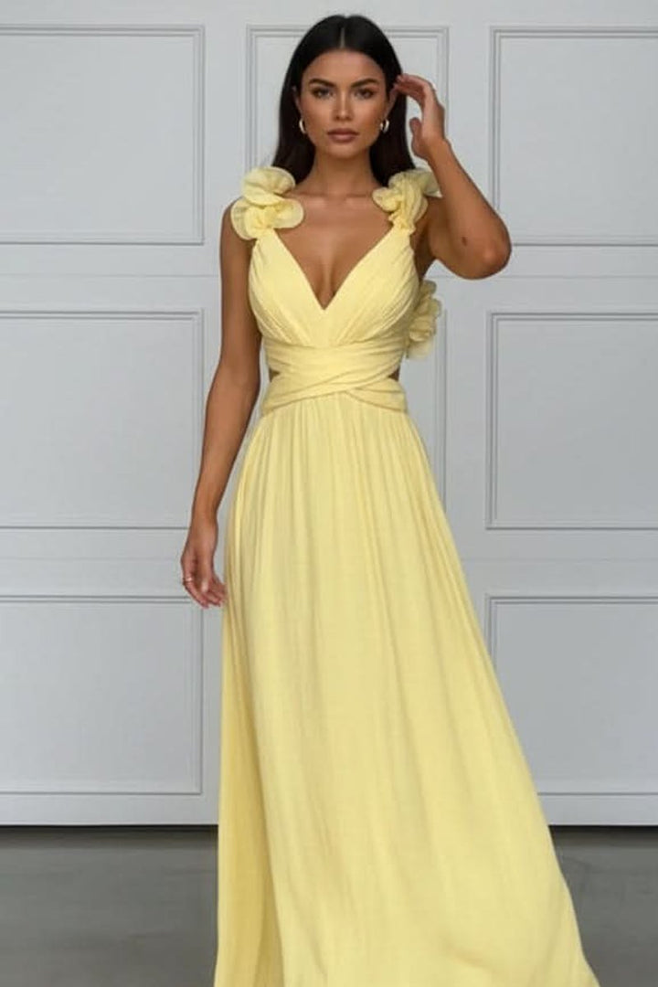 Women's Sleeveless Pleated Floral-Applique A-Line Evening Gown - Bright Yellow
