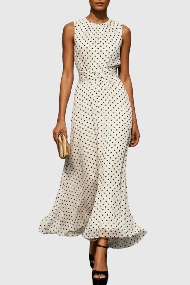Women's Sleeveless Polka Dot Ruffle-Hem Maxi Evening Gown - White