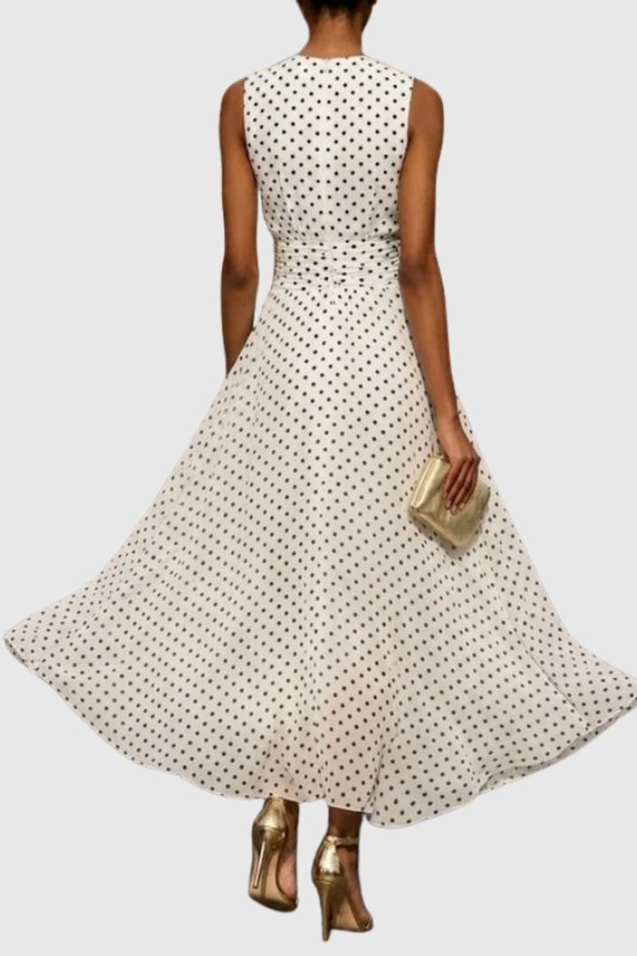 Women's Sleeveless Polka Dot Ruffle-Hem Maxi Evening Gown