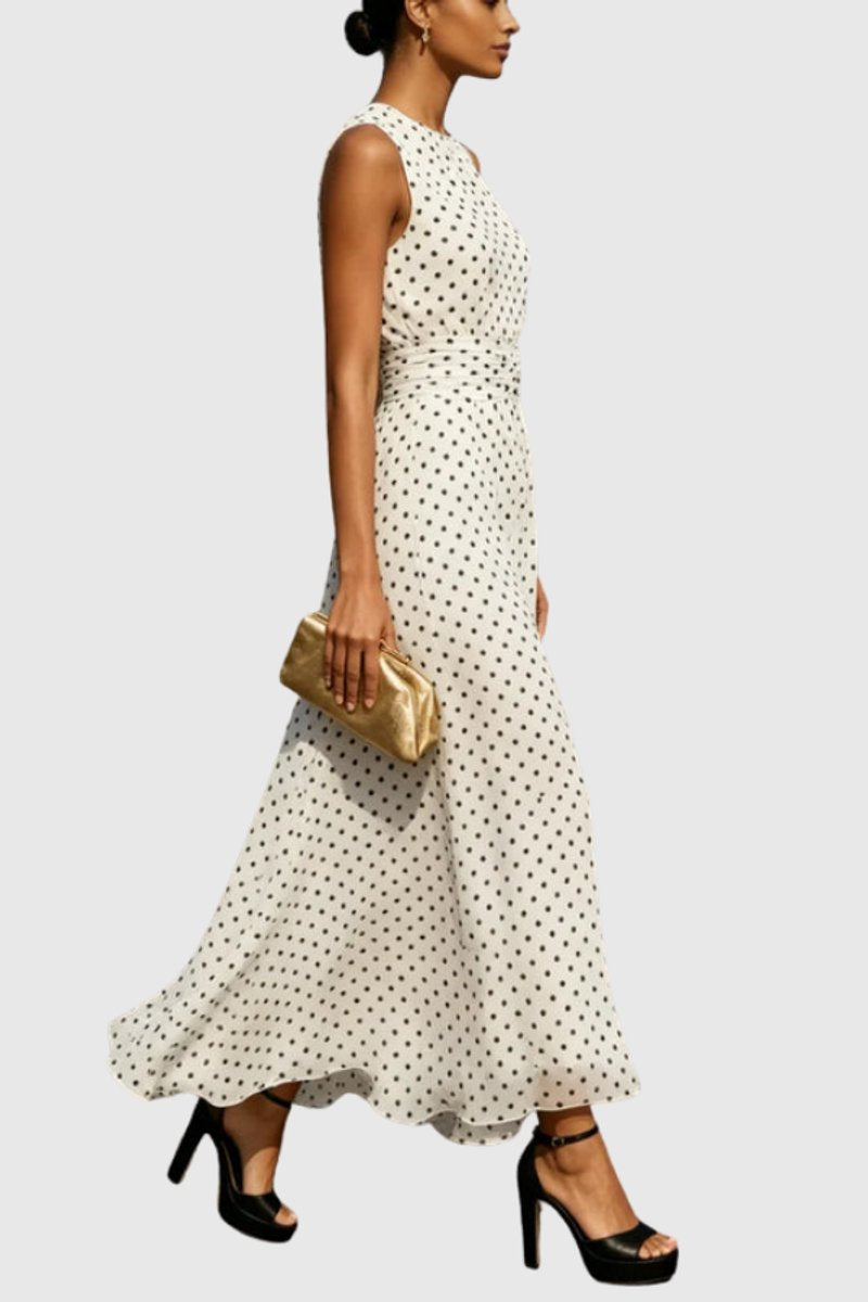 Women's Sleeveless Polka Dot Ruffle-Hem Maxi Evening Gown