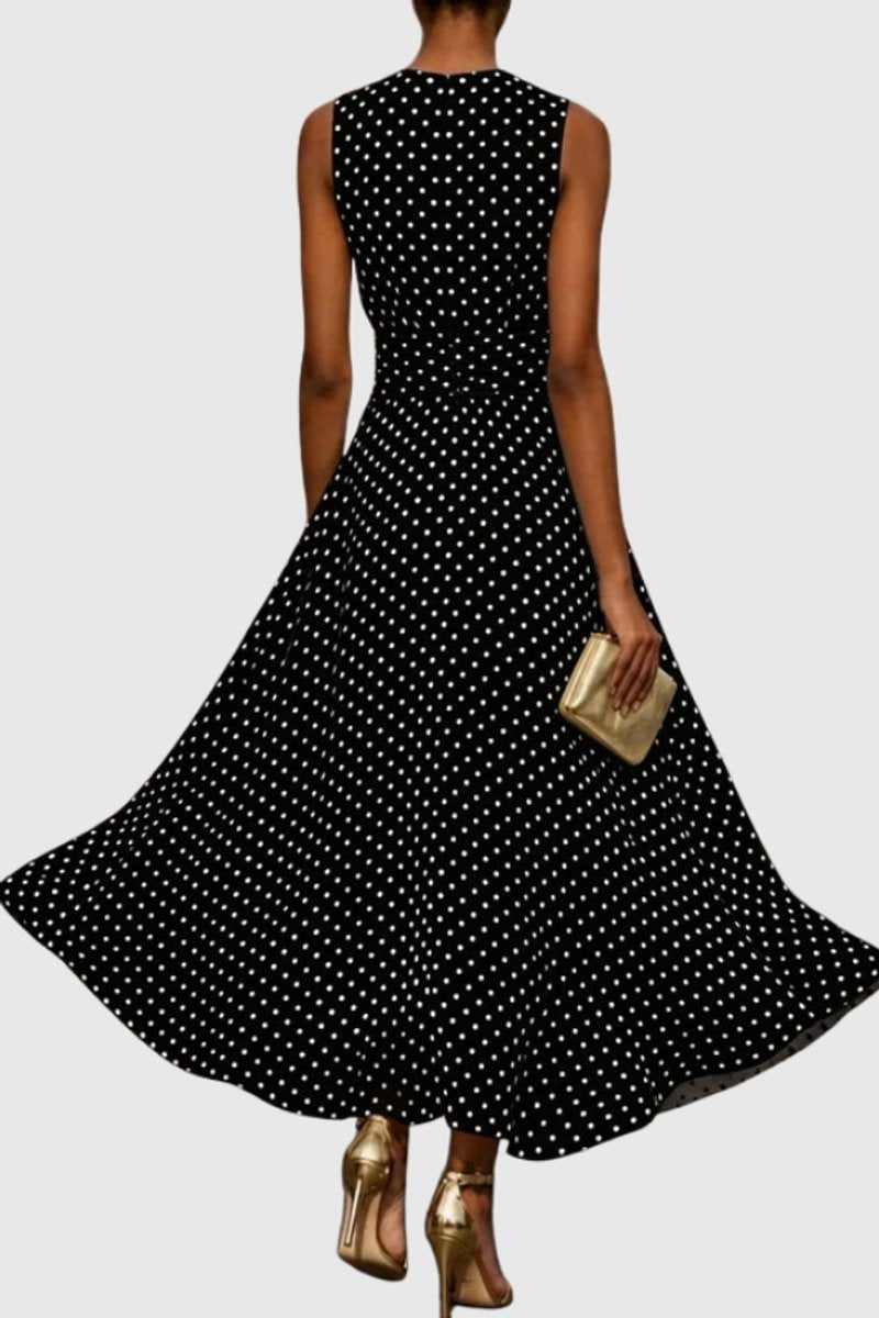 Women's Sleeveless Polka Dot Ruffle-Hem Maxi Evening Gown