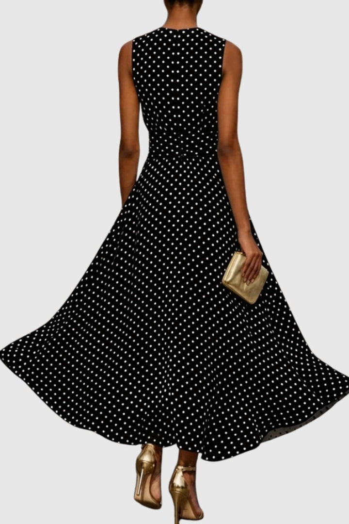 Women's Sleeveless Polka Dot Ruffle-Hem Maxi Evening Gown