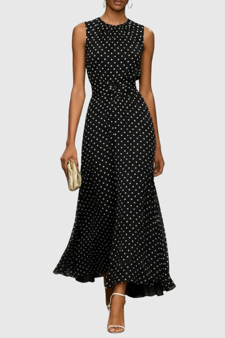 Women's Sleeveless Polka Dot Ruffle-Hem Maxi Evening Gown - Black