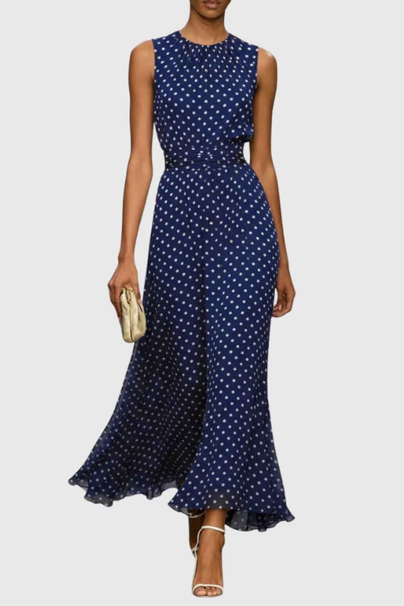 Women's Sleeveless Polka Dot Ruffle-Hem Maxi Evening Gown - Blue