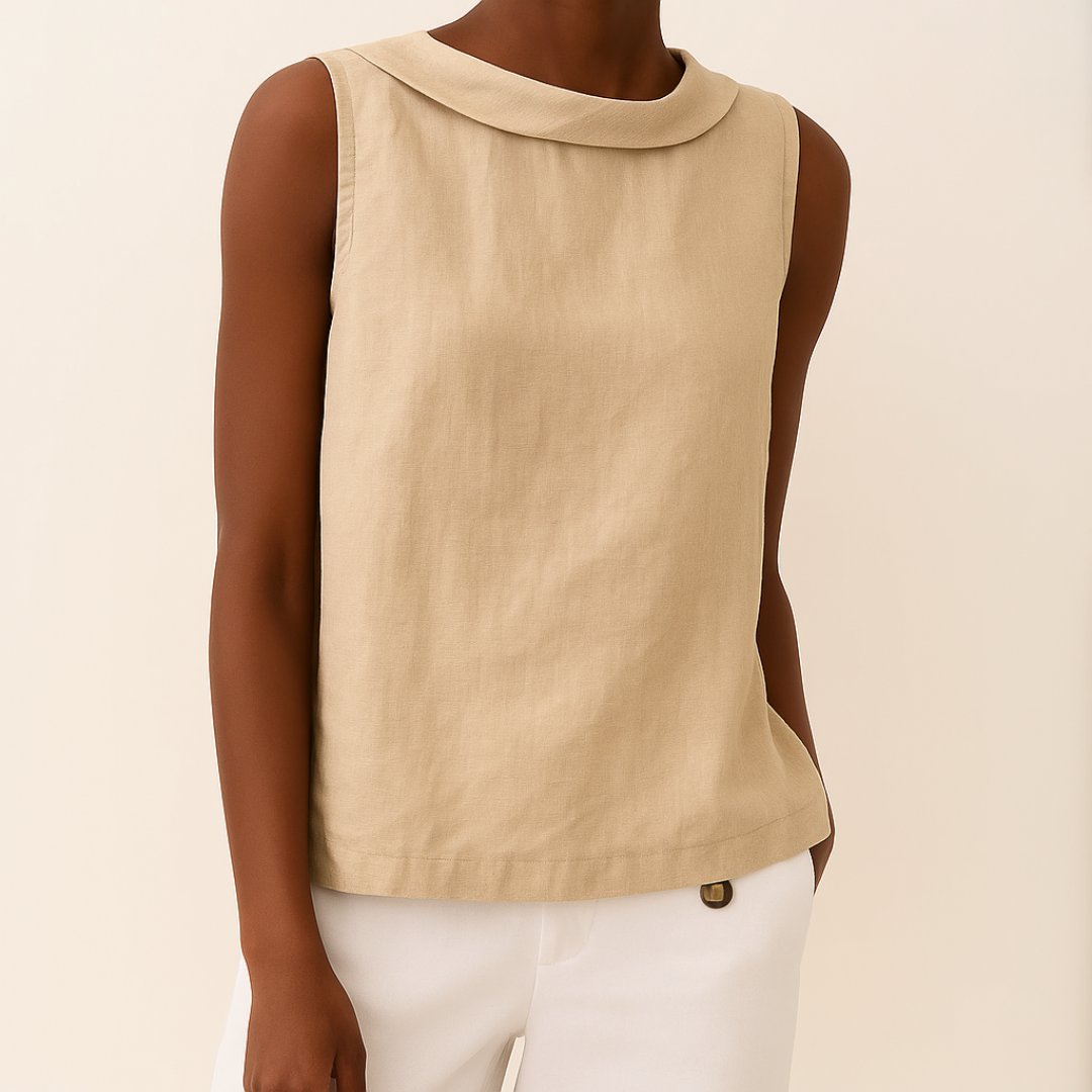 Women's Sleeveless Roll-Neck Linen-Blend Blouse - Beige