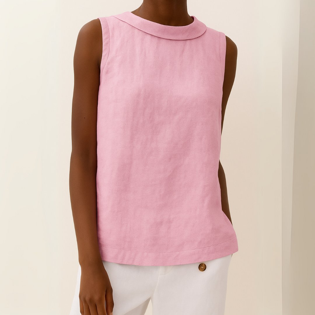 Women's Sleeveless Roll-Neck Linen-Blend Blouse - Pink