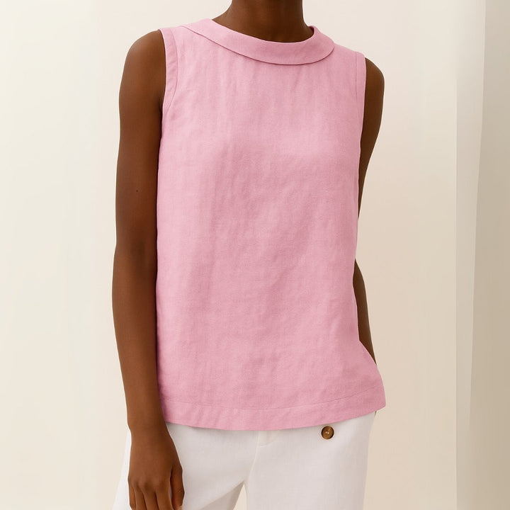 Women's Sleeveless Roll-Neck Linen-Blend Blouse - Pink