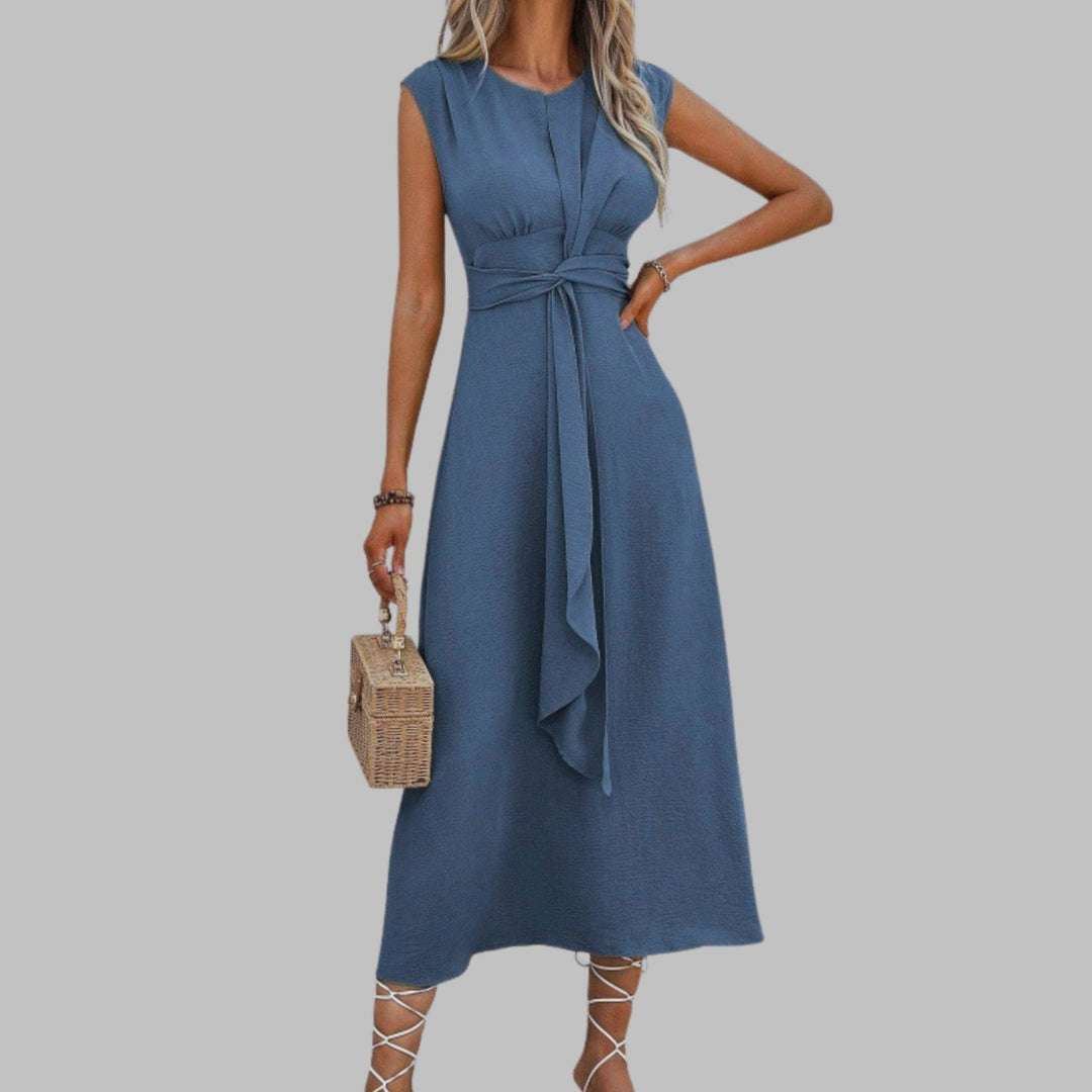 Women's Sleeveless Round Neck Tie-Waist A-Line Midi Dress - Blue