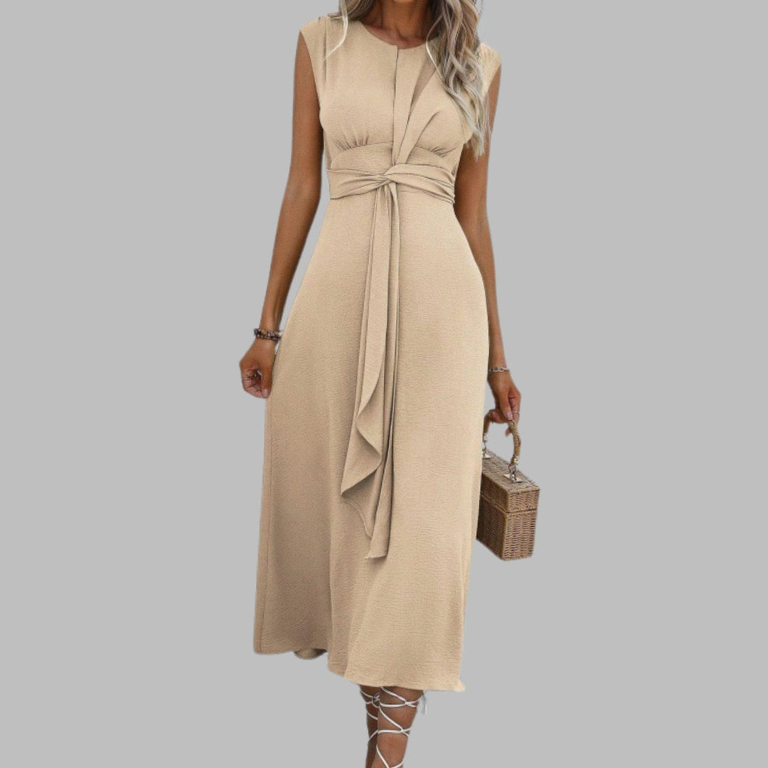 Women's Sleeveless Round Neck Tie-Waist A-Line Midi Dress - Apricot