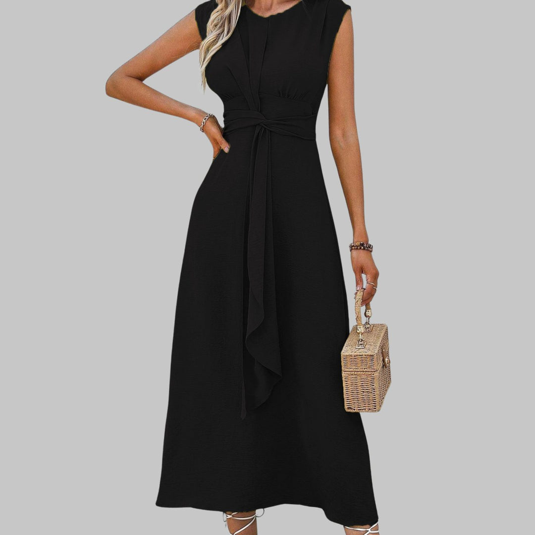 Women's Sleeveless Round Neck Tie-Waist A-Line Midi Dress - Black