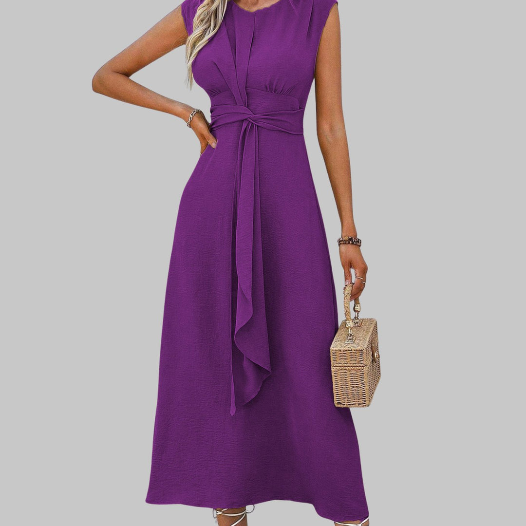 Women's Sleeveless Round Neck Tie-Waist A-Line Midi Dress - Purple