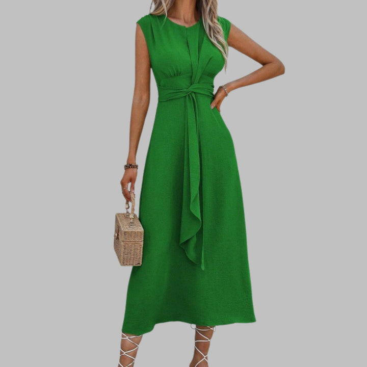 Women's Sleeveless Round Neck Tie-Waist A-Line Midi Dress - Green