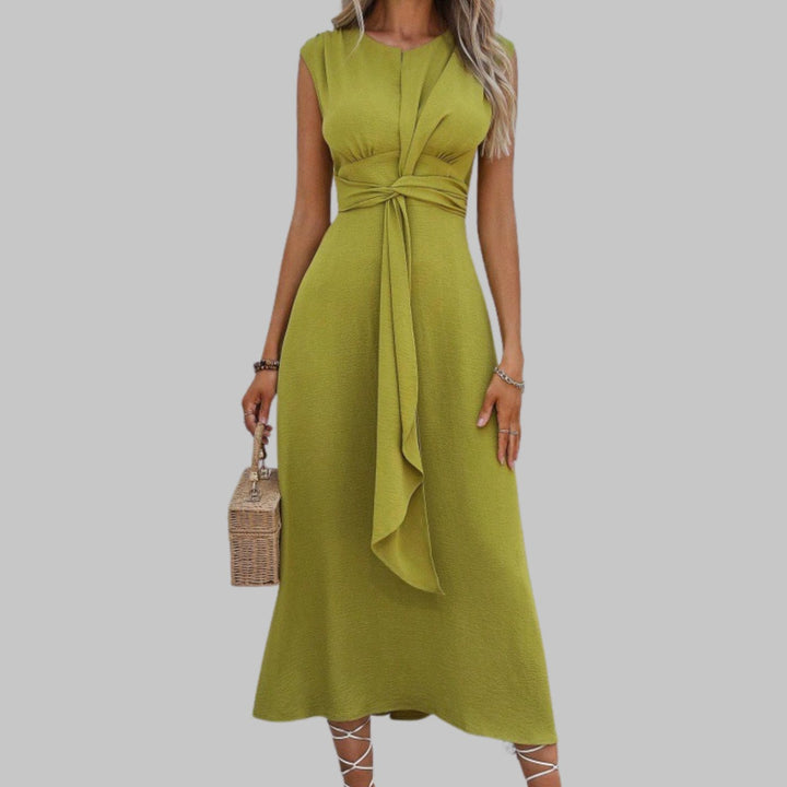 Women's Sleeveless Round Neck Tie-Waist A-Line Midi Dress - Yellow