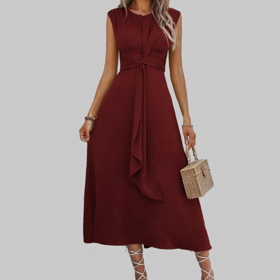 Women's Sleeveless Round Neck Tie-Waist A-Line Midi Dress - Maroon