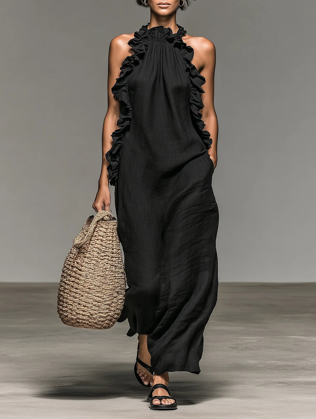 Women's Sleeveless Ruffle-Trim Linen Blend Halter Maxi Dress - Black