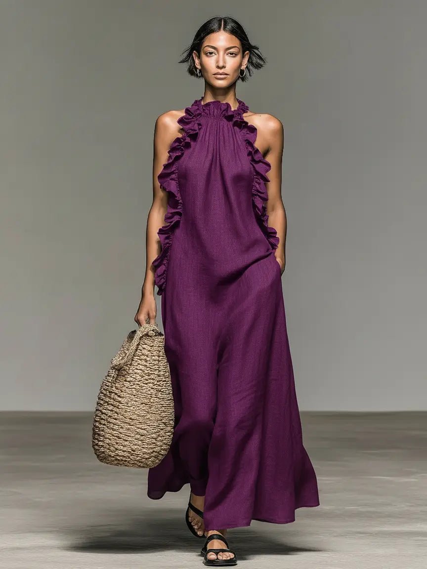 Women's Sleeveless Ruffle-Trim Linen Blend Halter Maxi Dress - Purple
