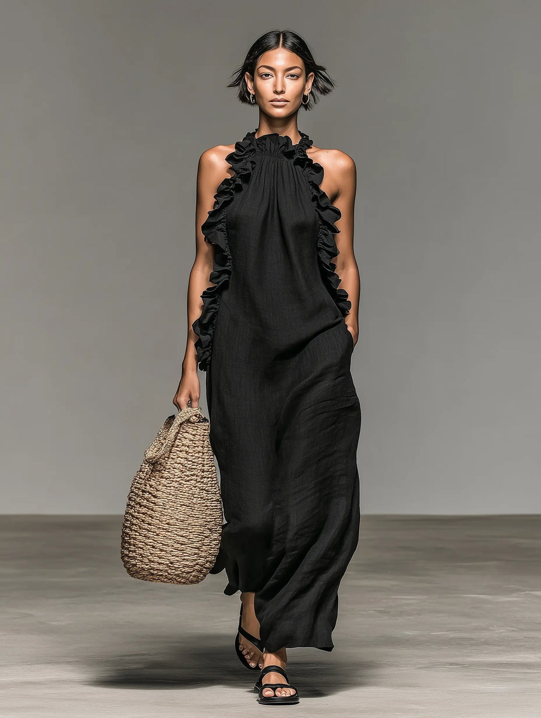 Women's Sleeveless Ruffle-Trim Linen Blend Halter Maxi Dress