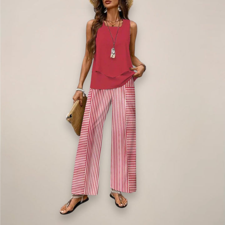 Women's Sleeveless Square-Neck Layered Top Wide-Leg Pants Two-Piece Set - Red