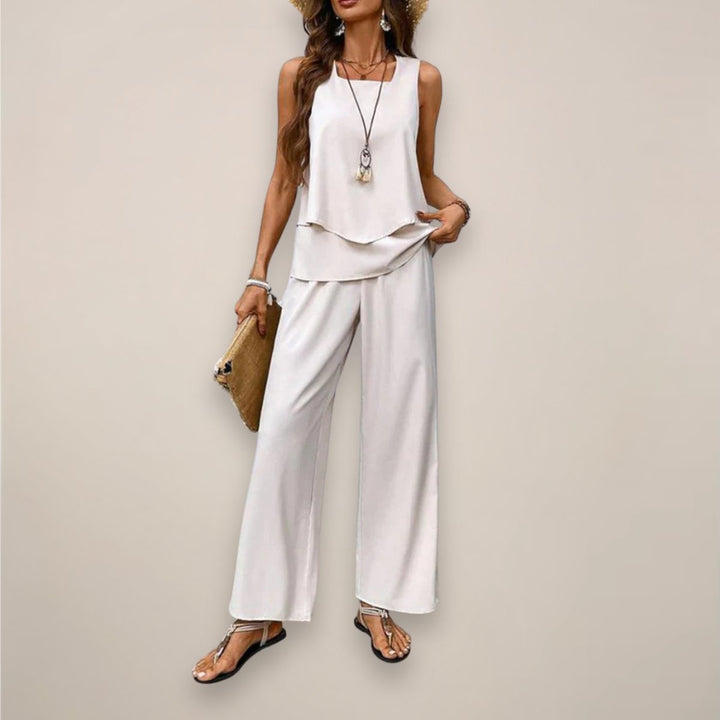 Women's Sleeveless Square-Neck Layered Top Wide-Leg Pants Two-Piece Set - Beige