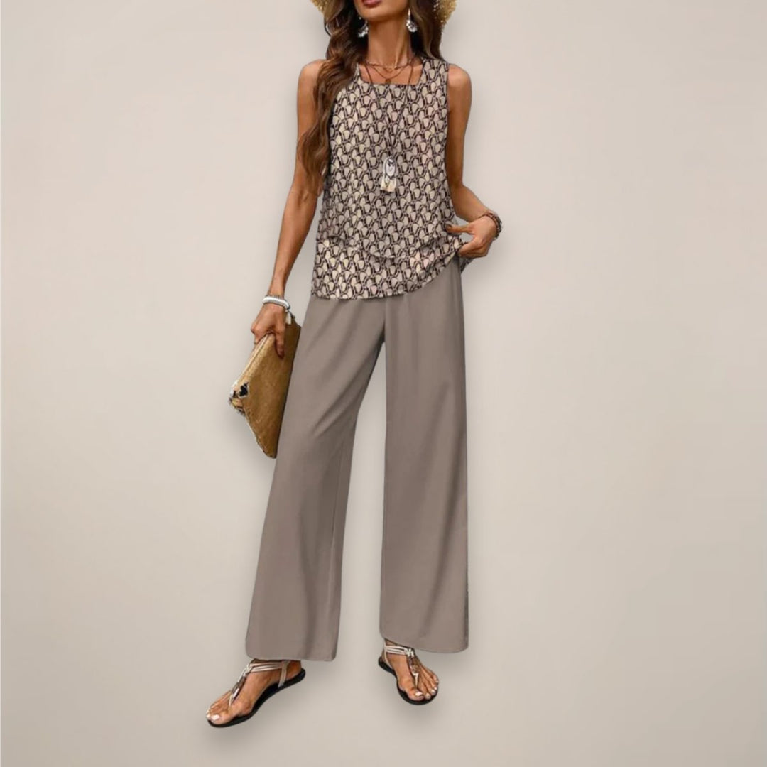 Women's Sleeveless Square-Neck Layered Top Wide-Leg Pants Two-Piece Set - Light Brown