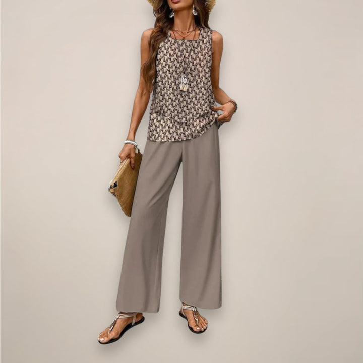 Women's Sleeveless Square-Neck Layered Top Wide-Leg Pants Two-Piece Set - Light Brown