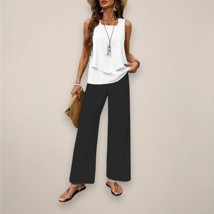 Women's Sleeveless Square-Neck Layered Top Wide-Leg Pants Two-Piece Set - White Black