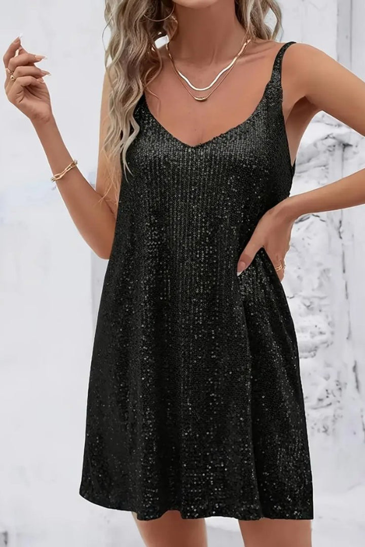 Women's Sleeveless V-Neck Sequin Mini Evening Gown - Black