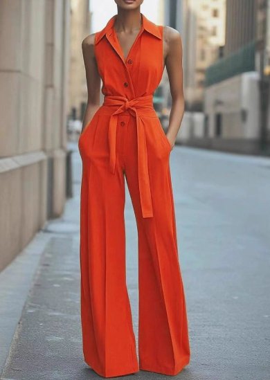 Women's Sleeveless Wide-Leg Belted Button-Front Jumpsuit - Orange