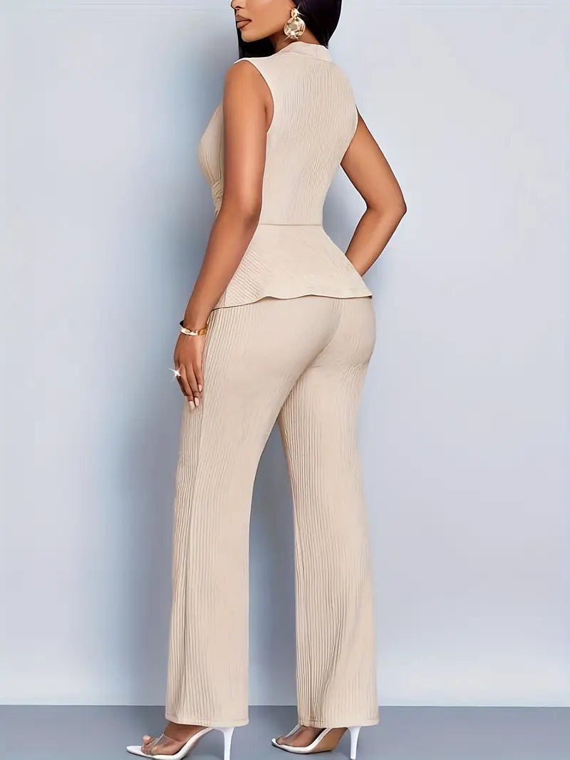 Women's Sleeveless Wrap-Waist Peplum Top Flared Pants Set