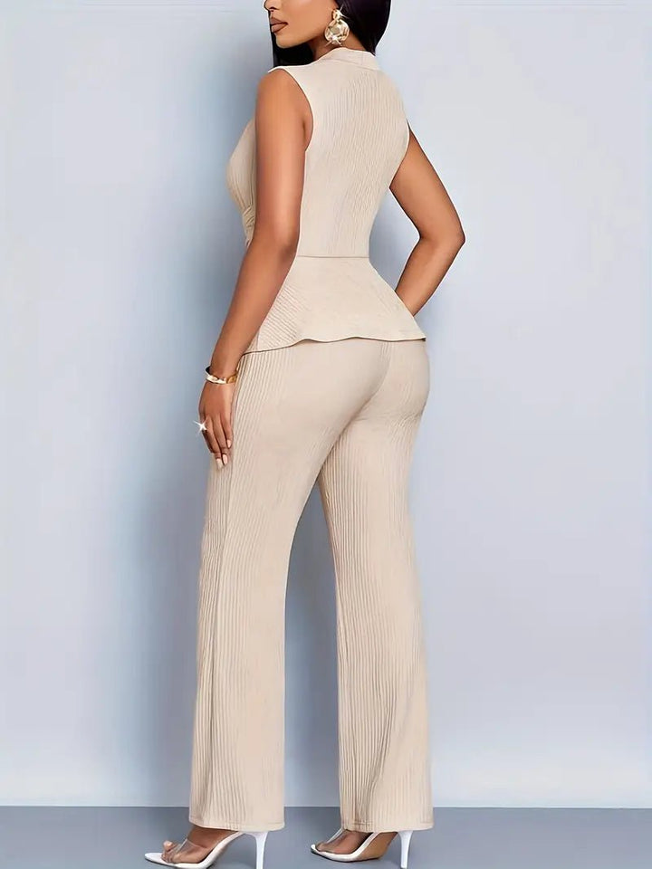 Women's Sleeveless Wrap-Waist Peplum Top Flared Pants Set