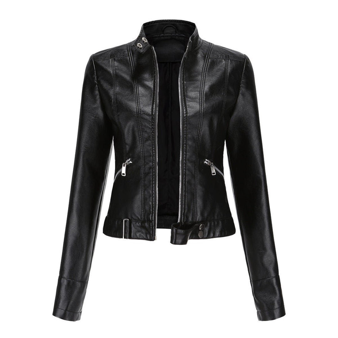 Women's Slim-Fit Cropped Faux Leather Jacket Zip-Up Biker Moto - Black