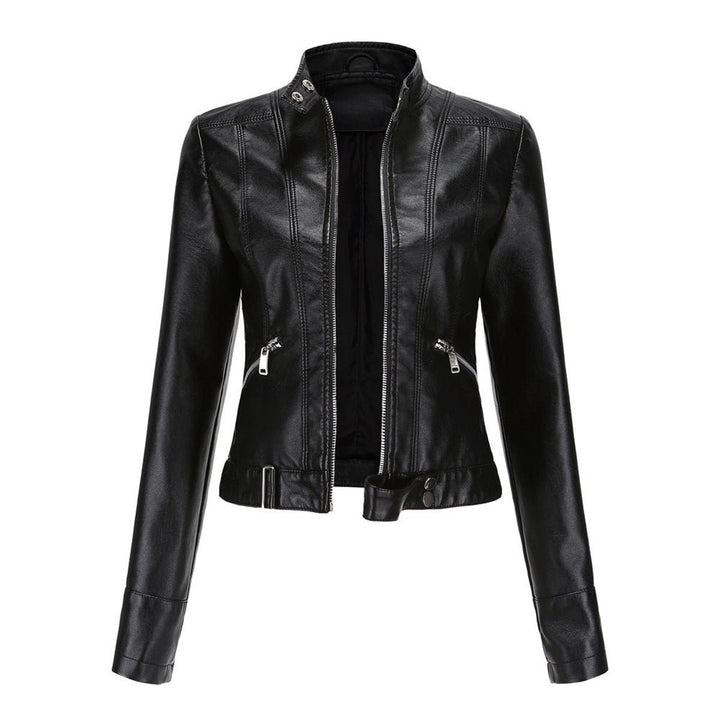 Women's Slim-Fit Cropped Faux Leather Jacket Zip-Up Biker Moto - Black