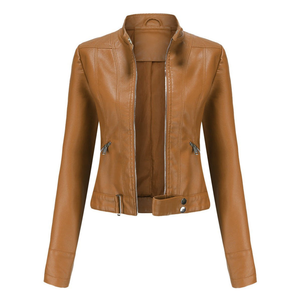 Women's Slim-Fit Cropped Faux Leather Jacket Zip-Up Biker Moto - Light Brown