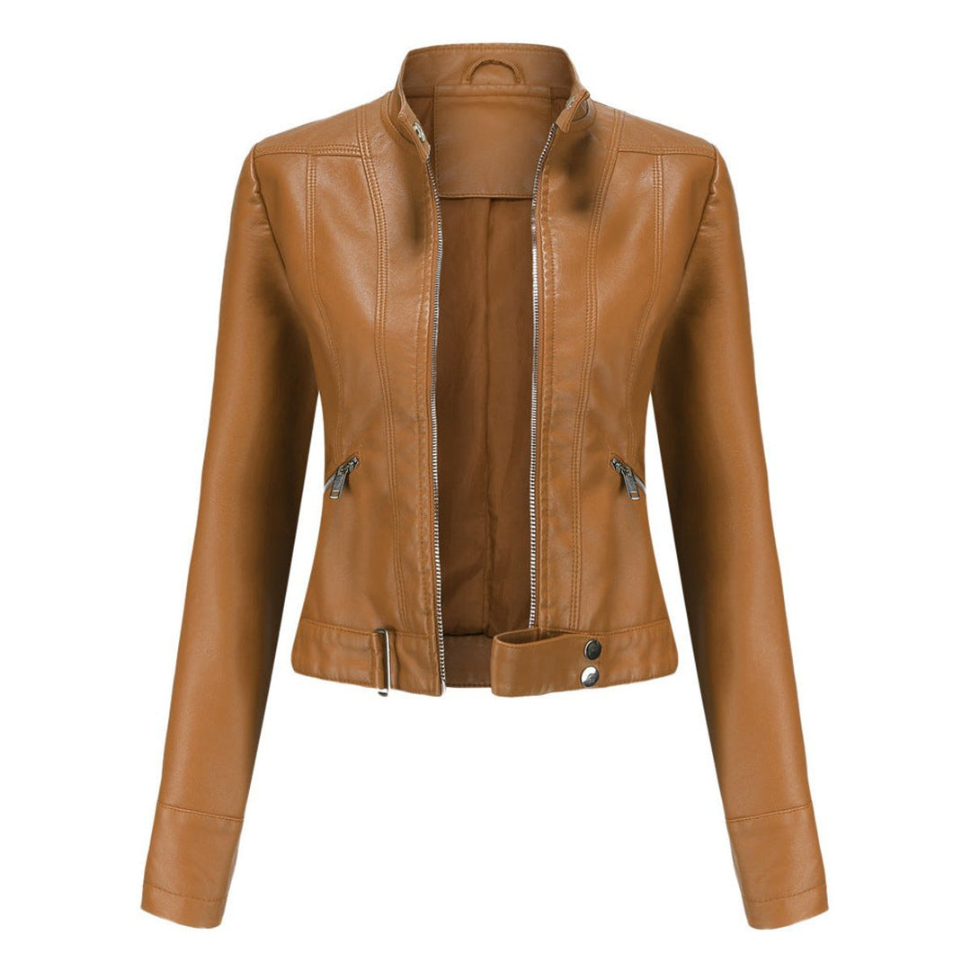 Women's Slim-Fit Cropped Faux Leather Jacket Zip-Up Biker Moto - Light Brown