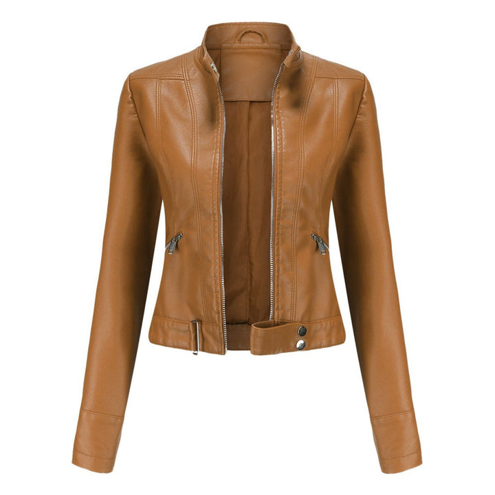 Women's Slim-Fit Cropped Faux Leather Jacket Zip-Up Biker Moto - Light Brown