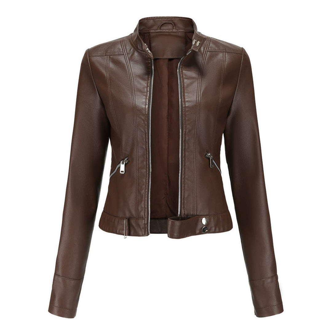 Women's Slim-Fit Cropped Faux Leather Jacket Zip-Up Biker Moto - Brown