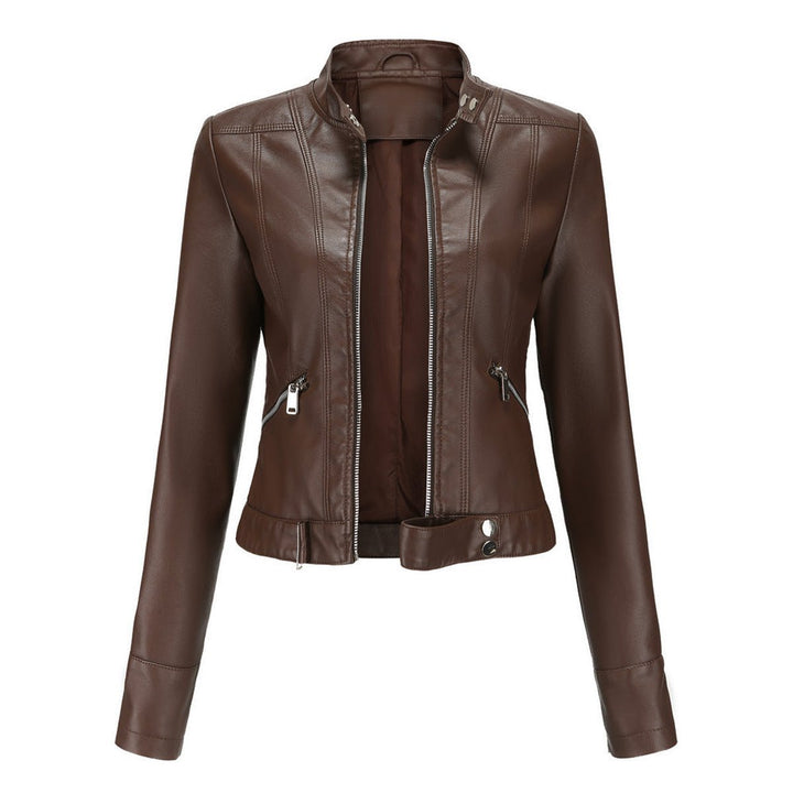 Women's Slim-Fit Cropped Faux Leather Jacket Zip-Up Biker Moto - Brown