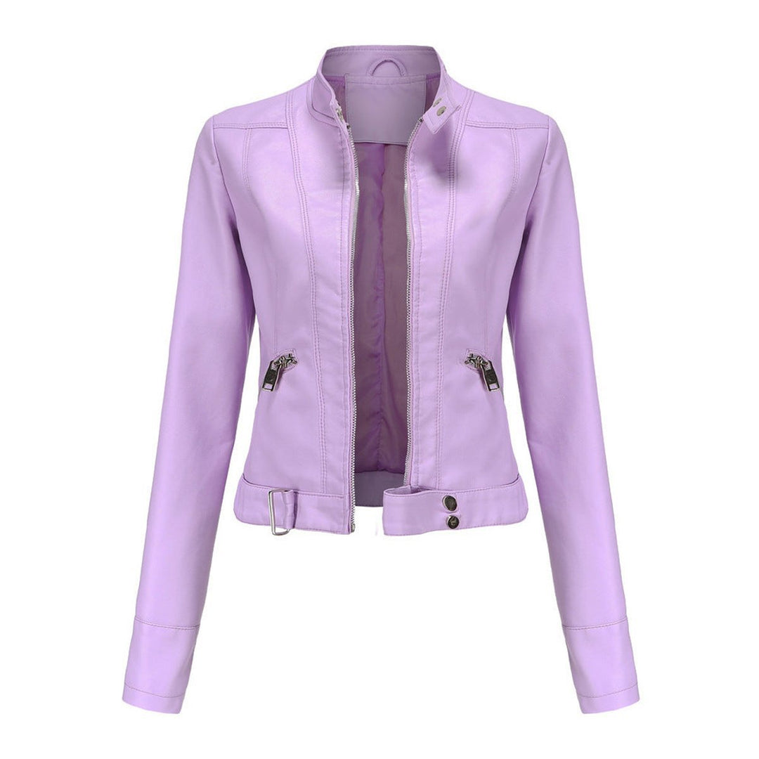 Women's Slim-Fit Cropped Faux Leather Jacket Zip-Up Biker Moto - Lilac