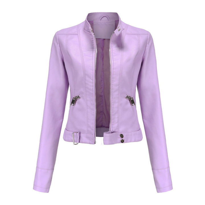 Women's Slim-Fit Cropped Faux Leather Jacket Zip-Up Biker Moto - Lilac