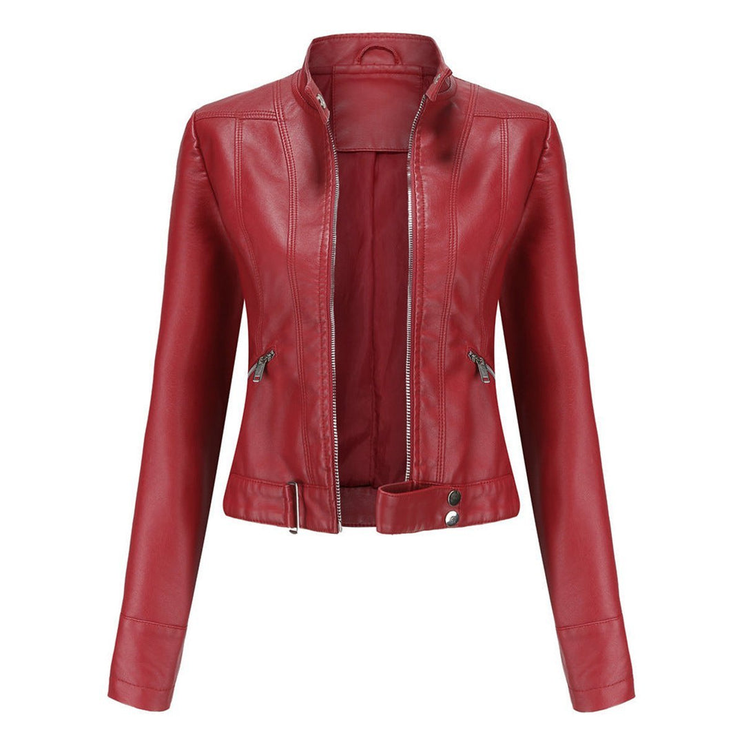 Women's Slim-Fit Cropped Faux Leather Jacket Zip-Up Biker Moto - Red