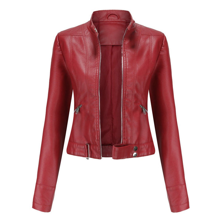 Women's Slim-Fit Cropped Faux Leather Jacket Zip-Up Biker Moto - Red