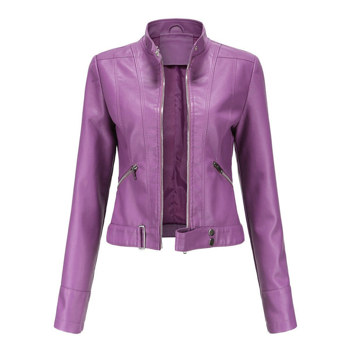 Women's Slim-Fit Cropped Faux Leather Jacket Zip-Up Biker Moto - Dark Violet