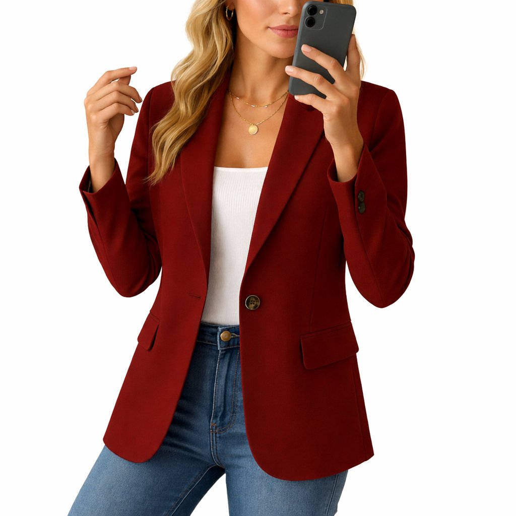Women's Slim-Fit Single-Button Stretch Tailored Blazer - Dark Red