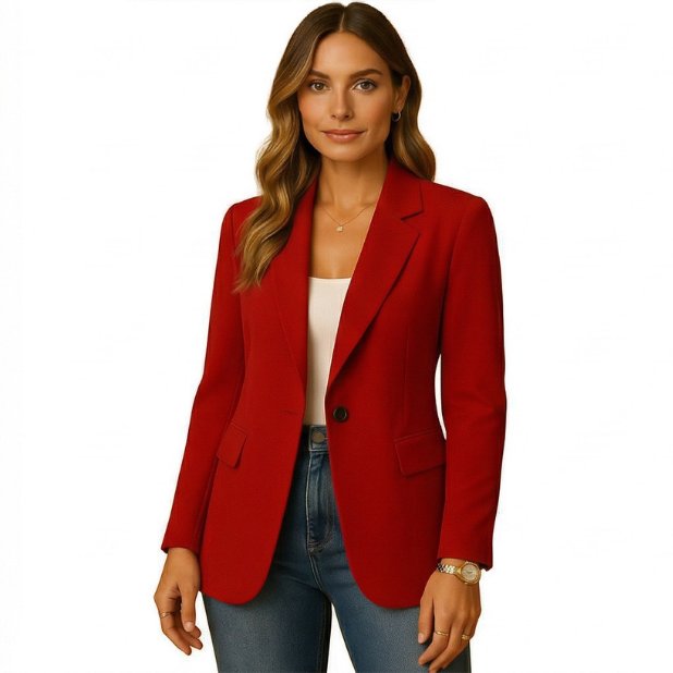 Women's Slim-Fit Single-Button Stretch Tailored Blazer - Red