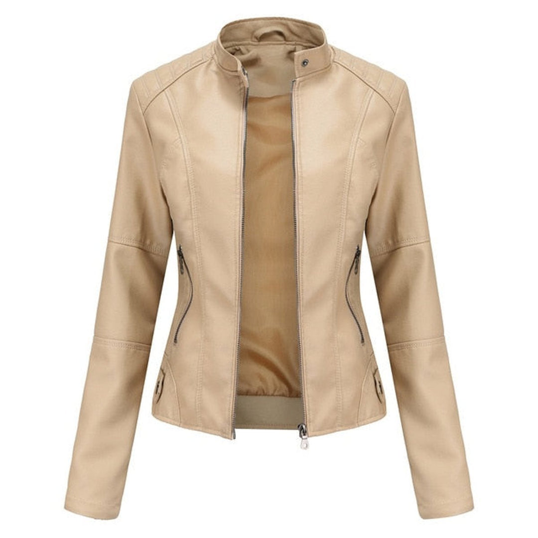 Women's Slim-Fit Stand-Collar Zip-Up Faux Leather Jacket - Beige