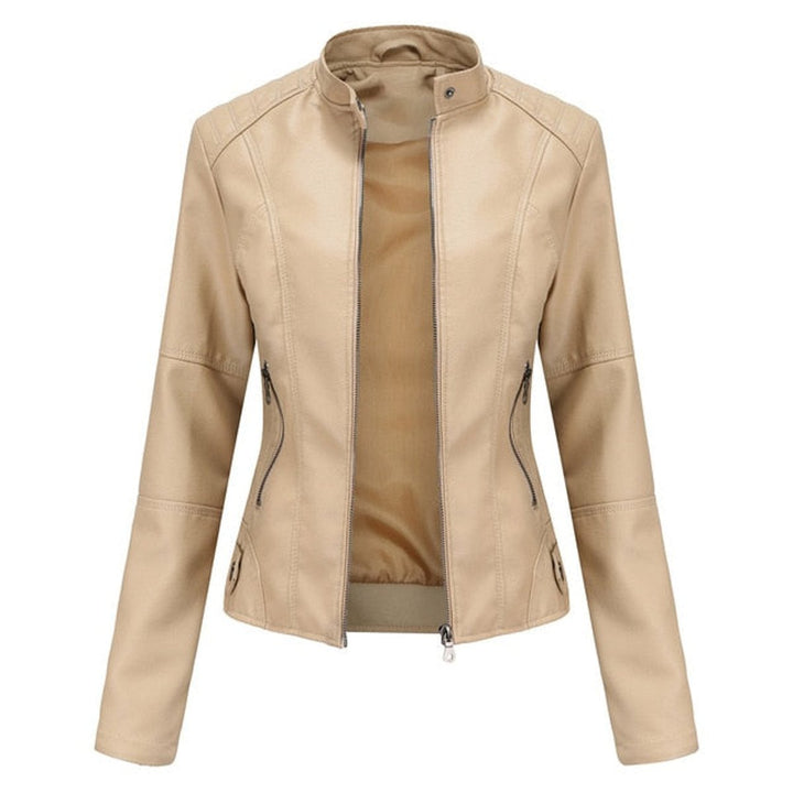 Women's Slim-Fit Stand-Collar Zip-Up Faux Leather Jacket - Beige