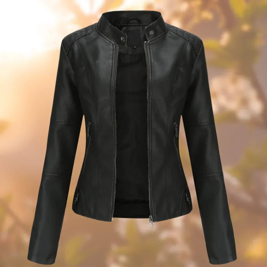 Women's Slim-Fit Stand-Collar Zip-Up Faux Leather Jacket - Black